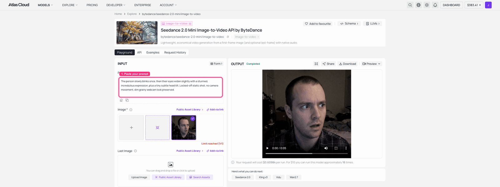 Screenshot of an AI image to video interface showing generated output