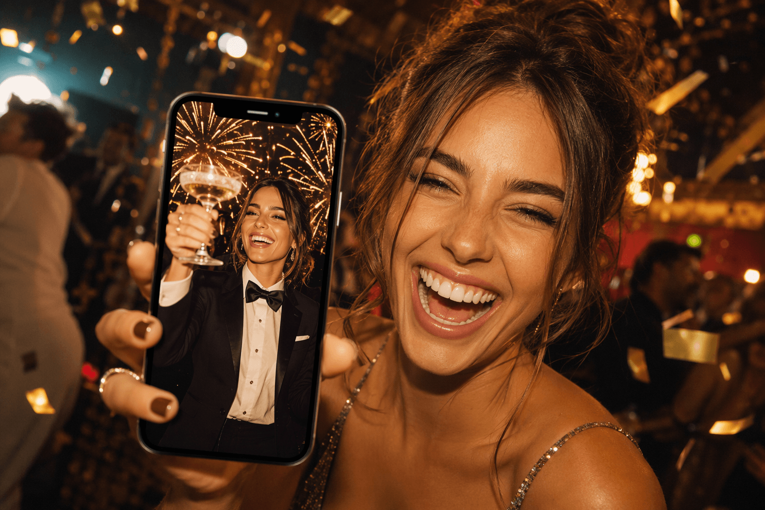 Laughing woman holds a phone displaying herself in a tuxedo