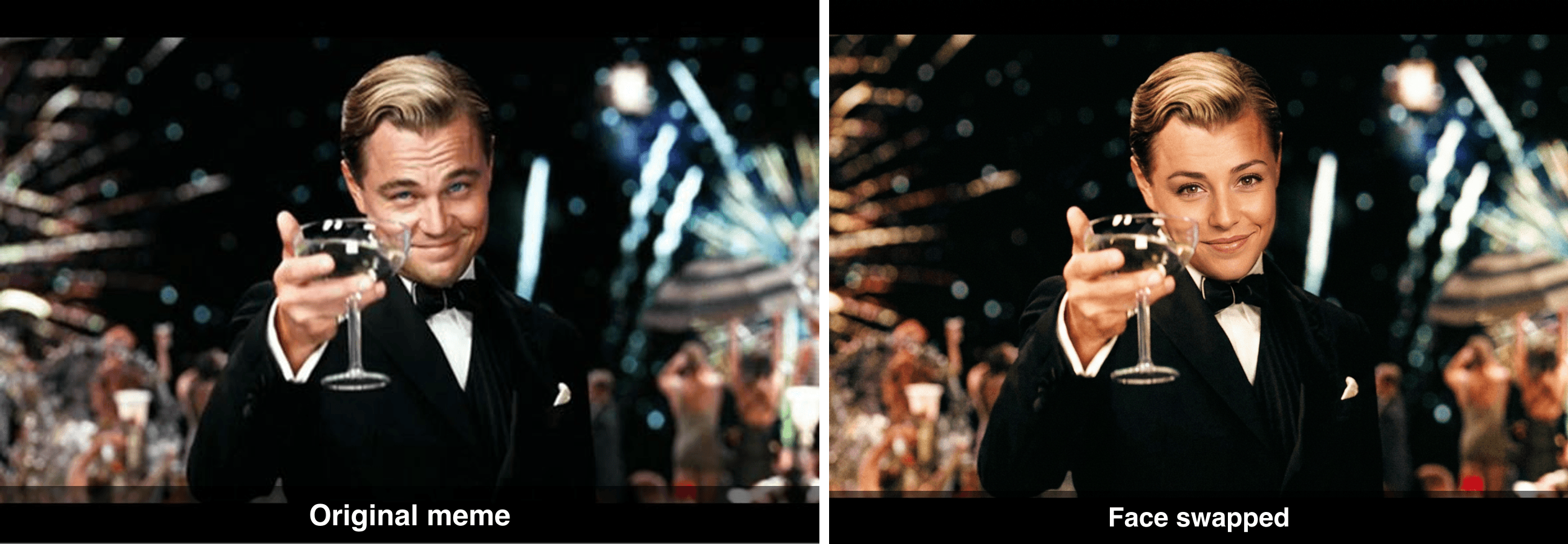 Side-by-side comparison of original Gatsby toast meme and face-swapped version