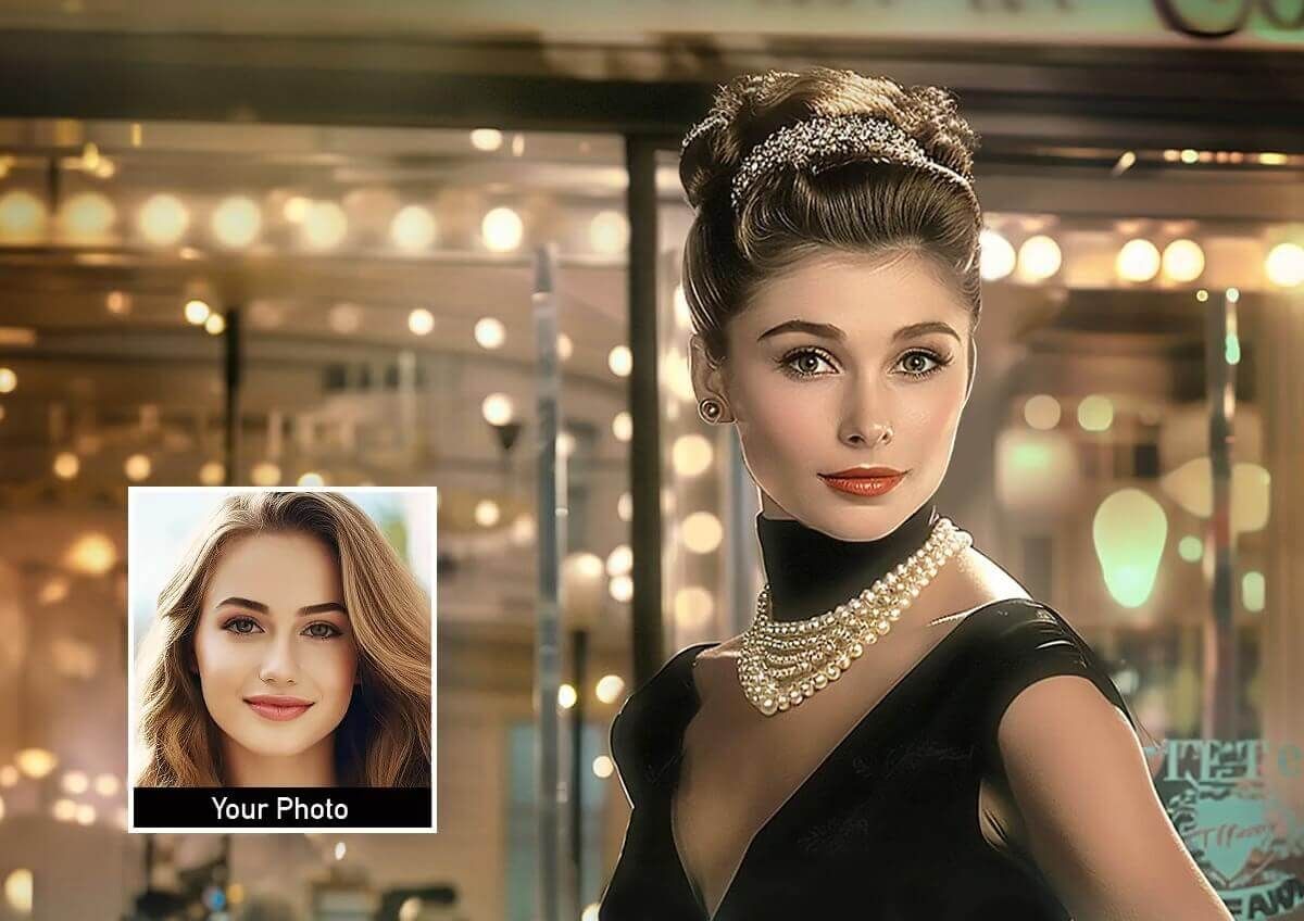 A woman's face transformed into an Audrey Hepburn style portrait