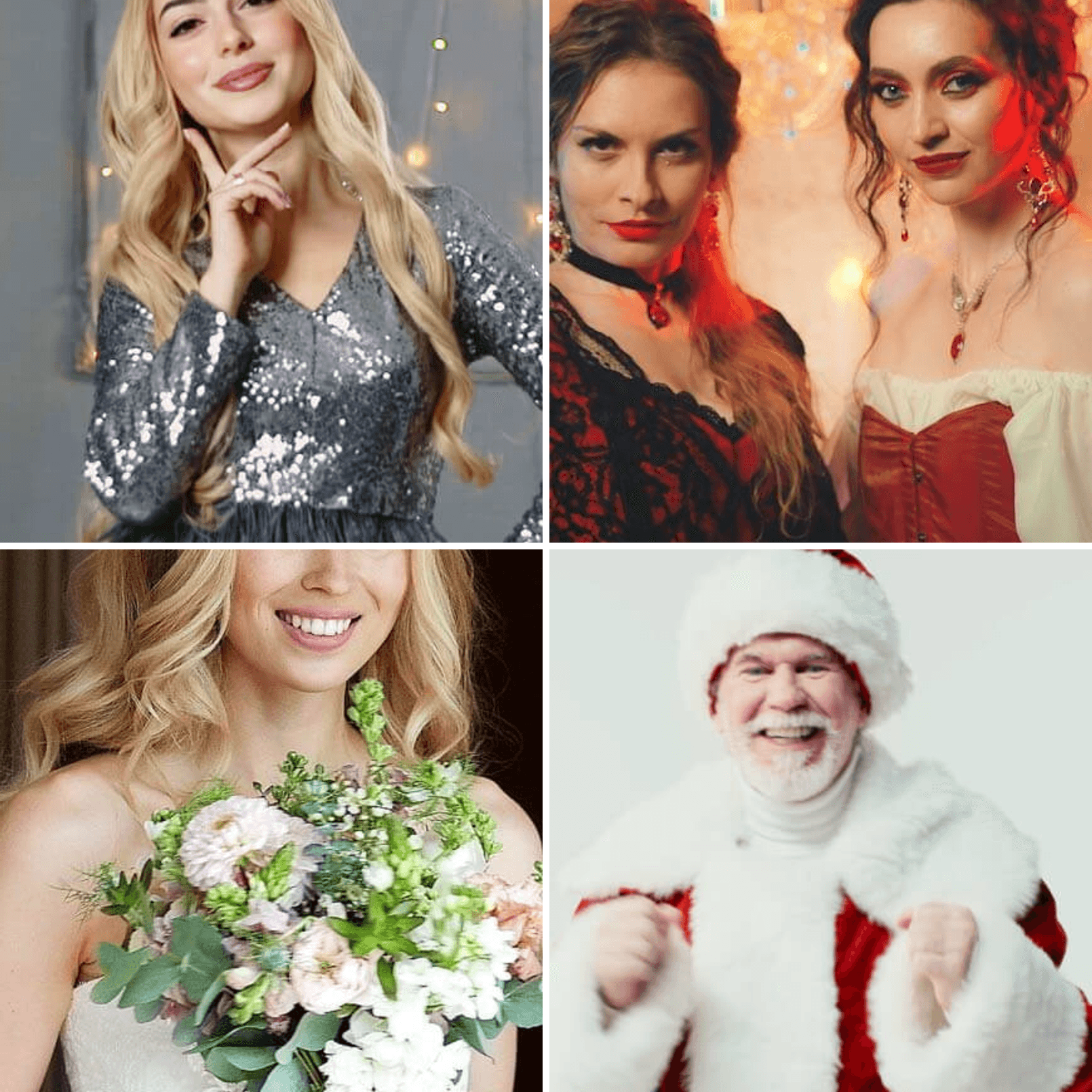 Collage of a sequined dress, gothic costumes, a bride, and Santa