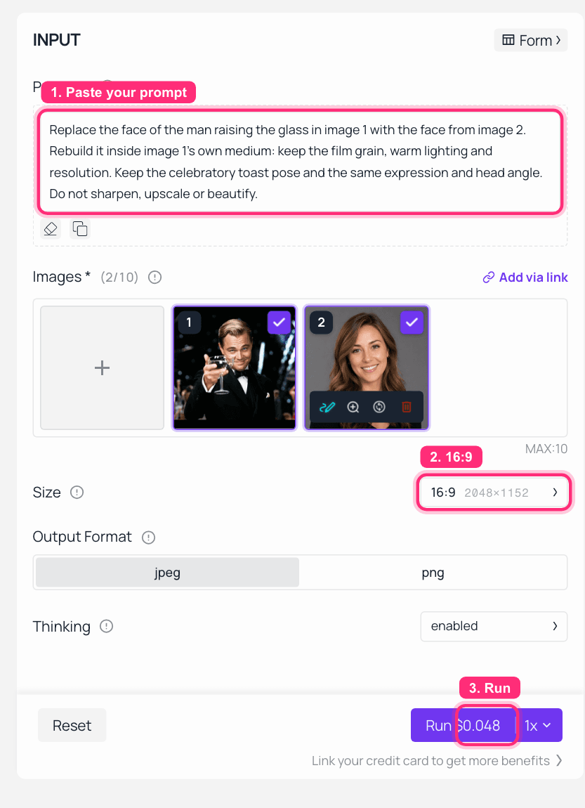 Screenshot of an AI face-swap tool interface with numbered steps