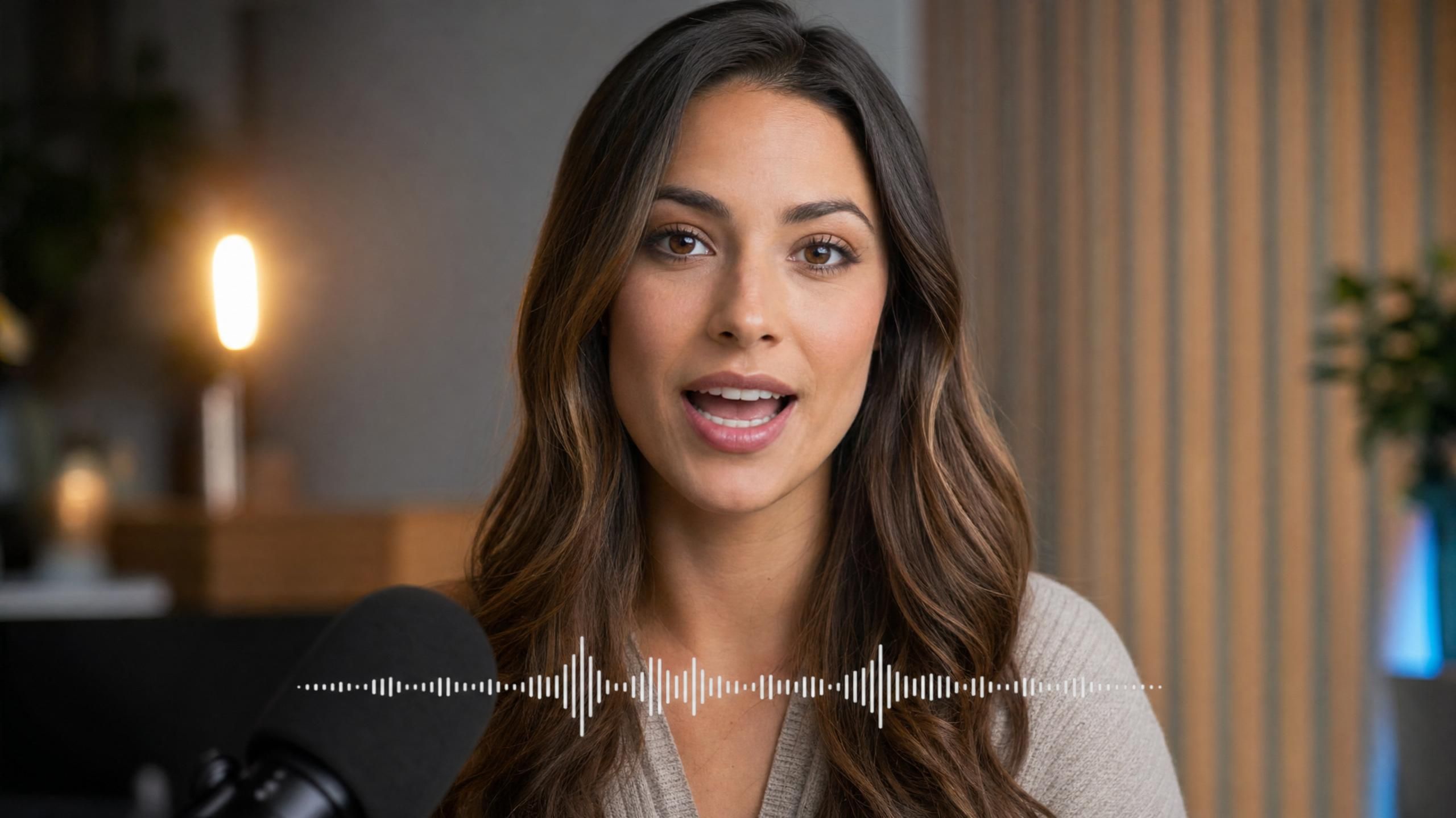 young presenter speaking directly to camera in a softly lit modern studio