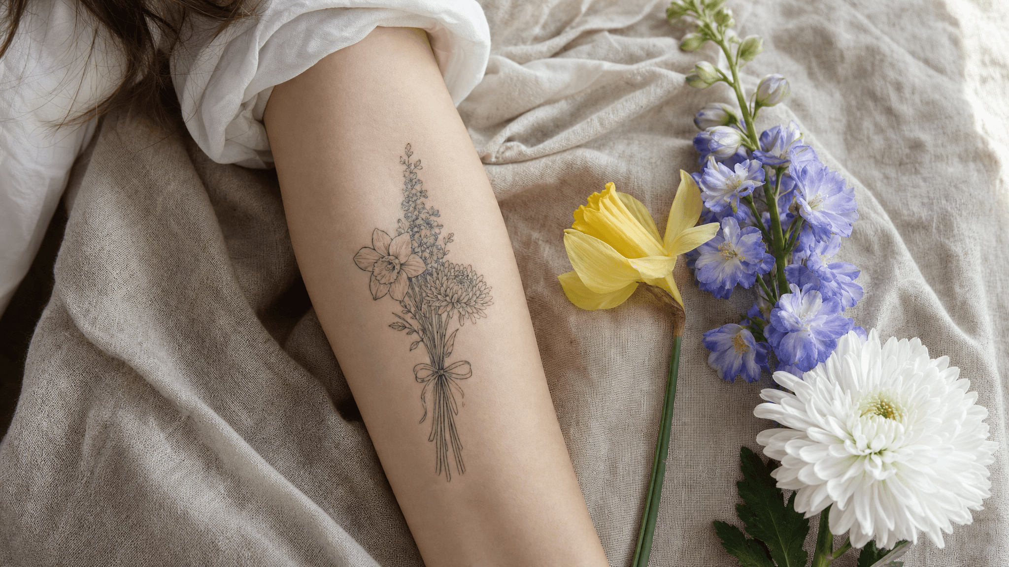 Floral bouquet tattoo on arm next to matching real flowers