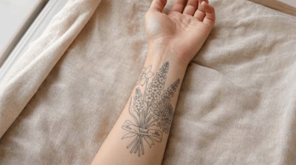 Forearm tattoo of a floral bouquet with names on a ribbon