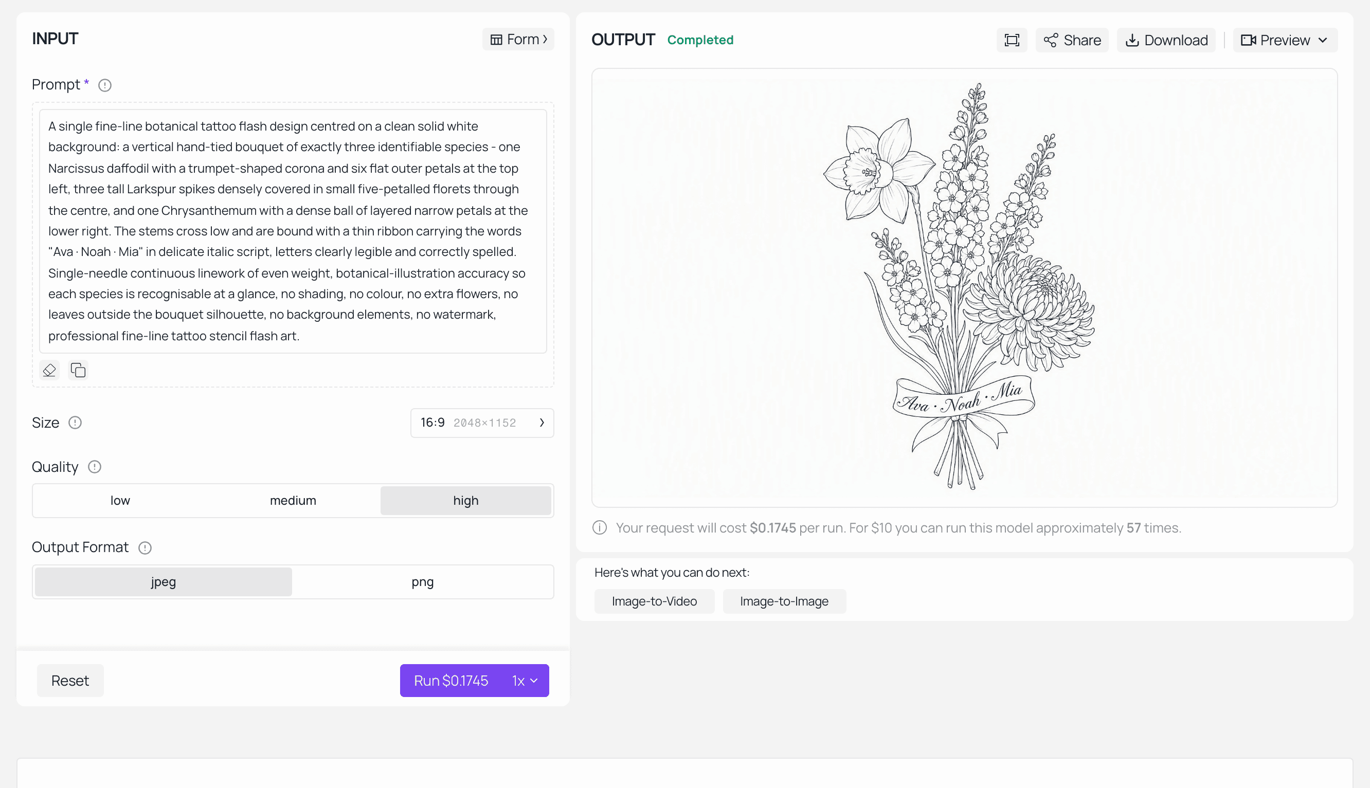 AI image generator interface showing a prompt and generated floral line art