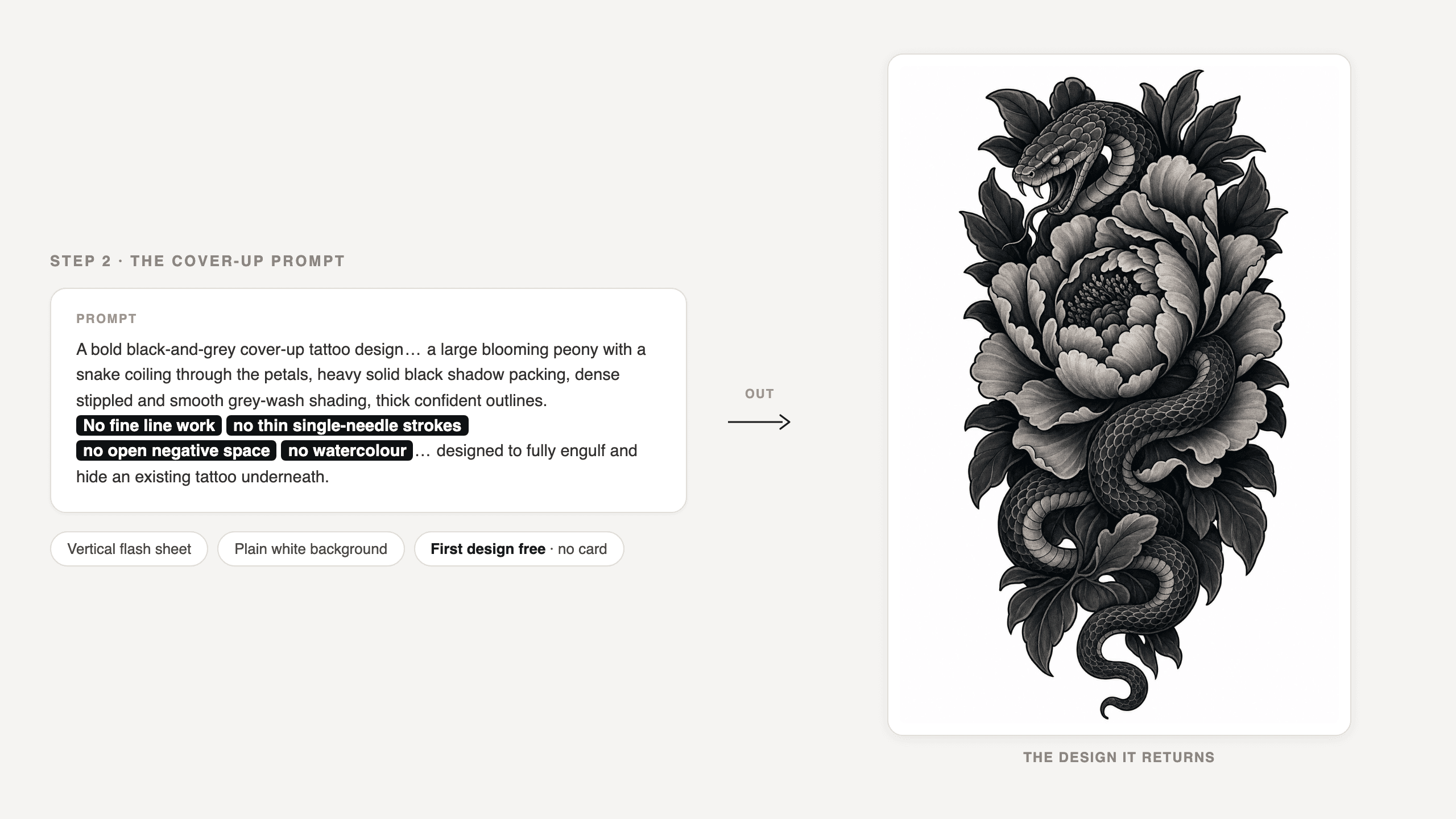 Text prompt generating a black and grey snake and peony tattoo