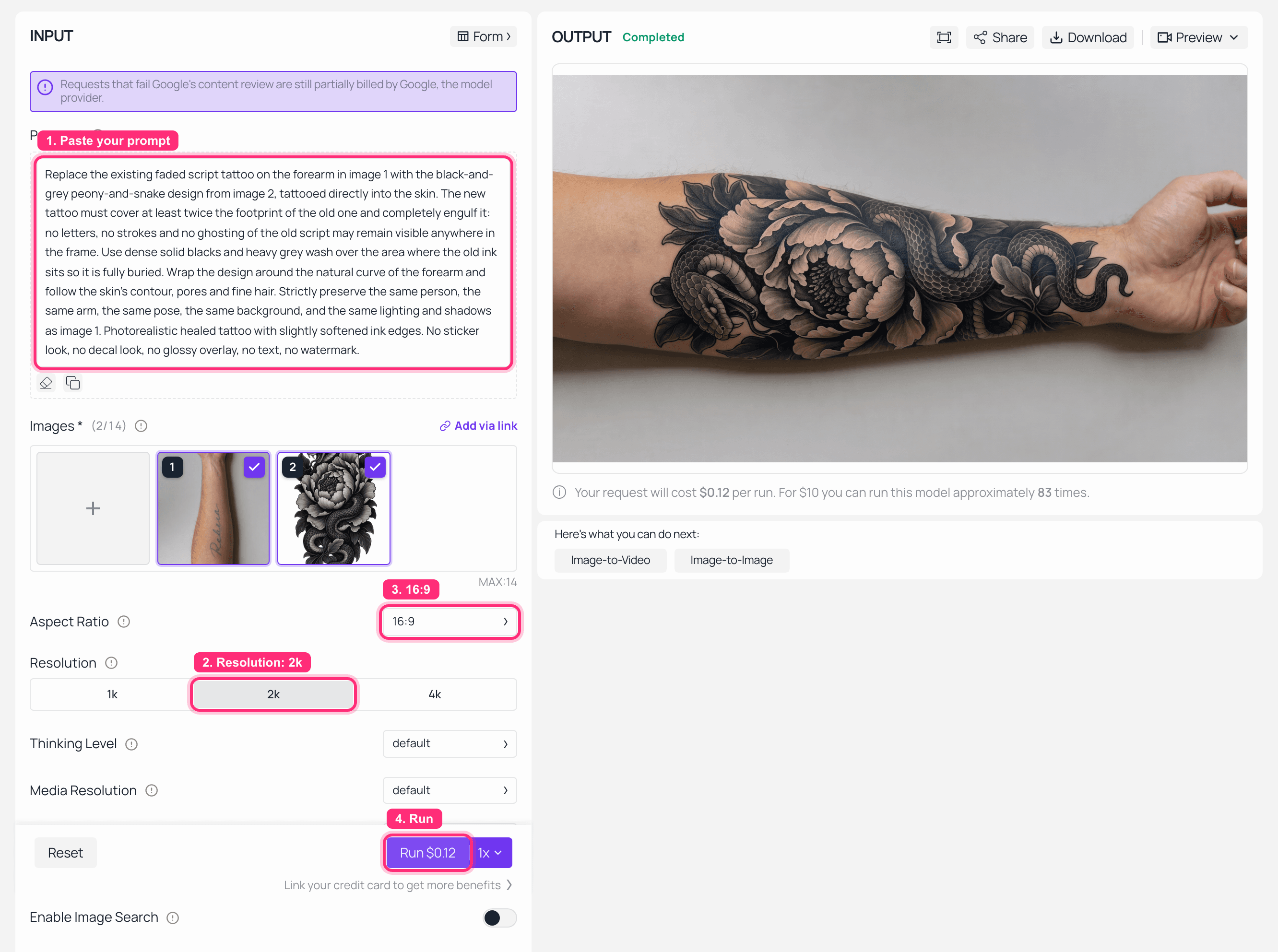 AI image generator interface showing a tattoo cover-up result