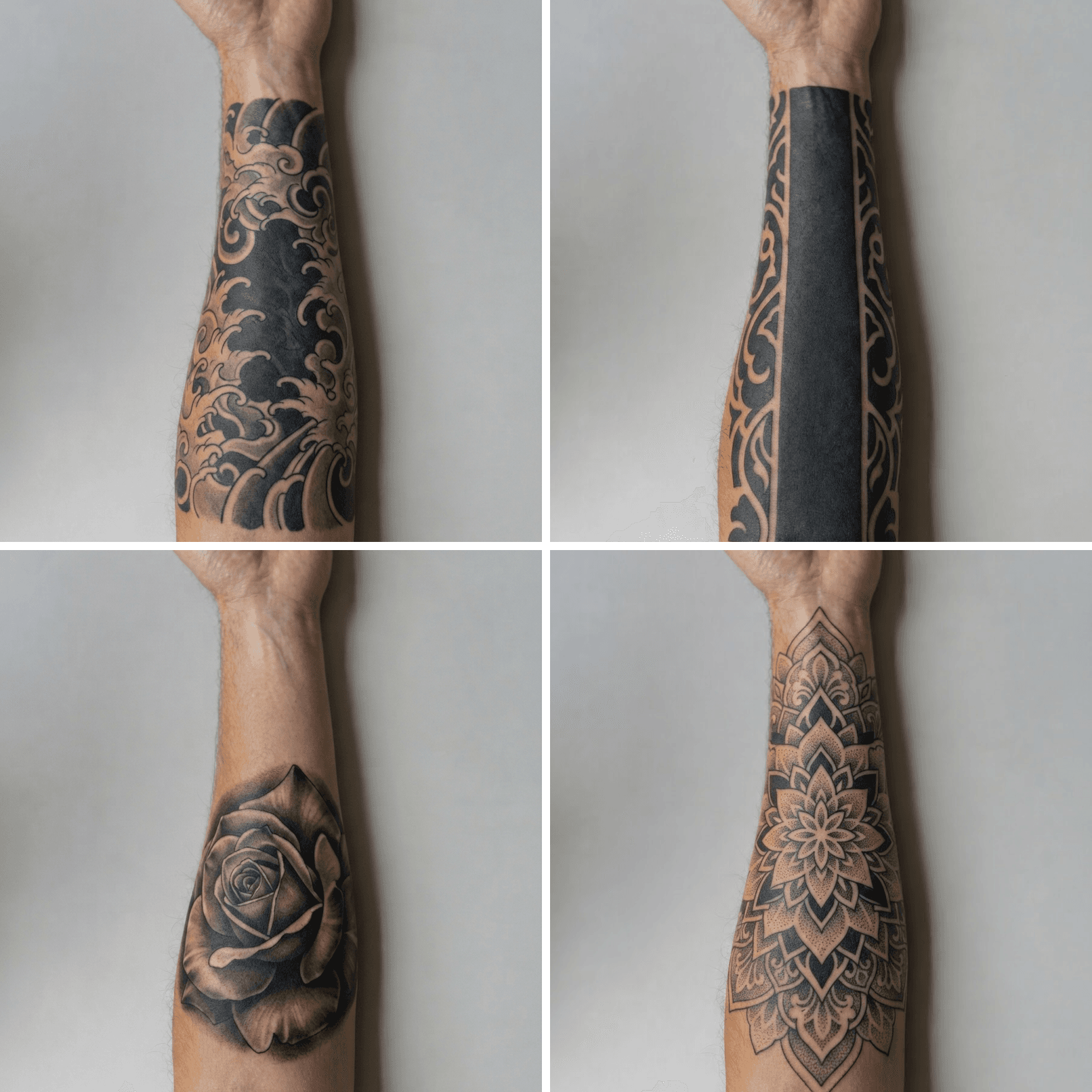Grid of four different black ink tattoo designs on a forearm