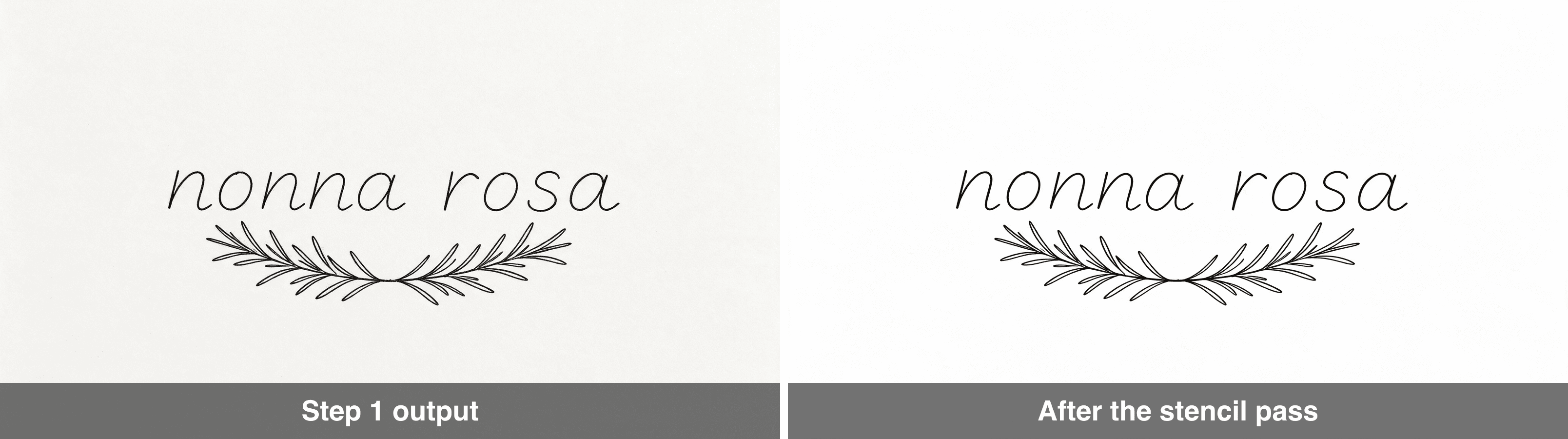 Comparison of Nonna Rosa logo before and after a stencil pass