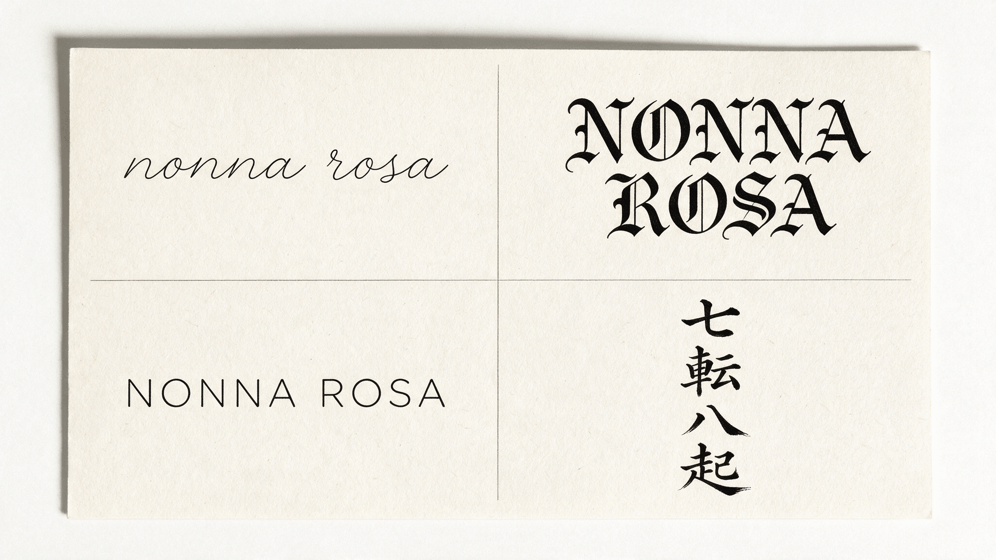 Four typography styles showing Nonna Rosa and vertical Japanese kanji