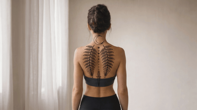 Five second clip: the person rolls their shoulders back and lifts their arms slightly while the camera stays locked, and the black spine design stretches and compresses with the skin