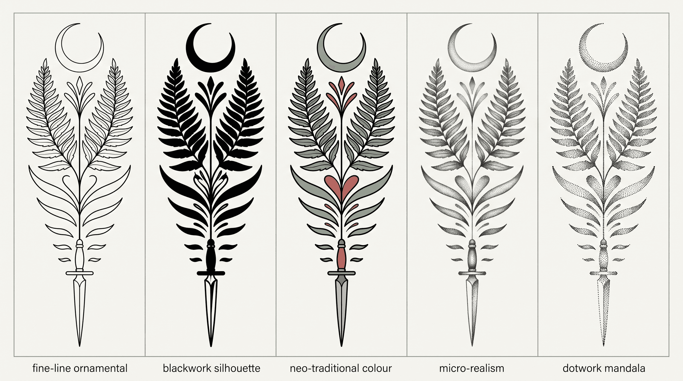 Five-panel grid, same crescent moon and fern spine composition rendered in fine-line ornamental blackwork, bold blackwork silhouette, neo-traditional colour, micro-realism, and dotwork mandala, each panel labelled with its style