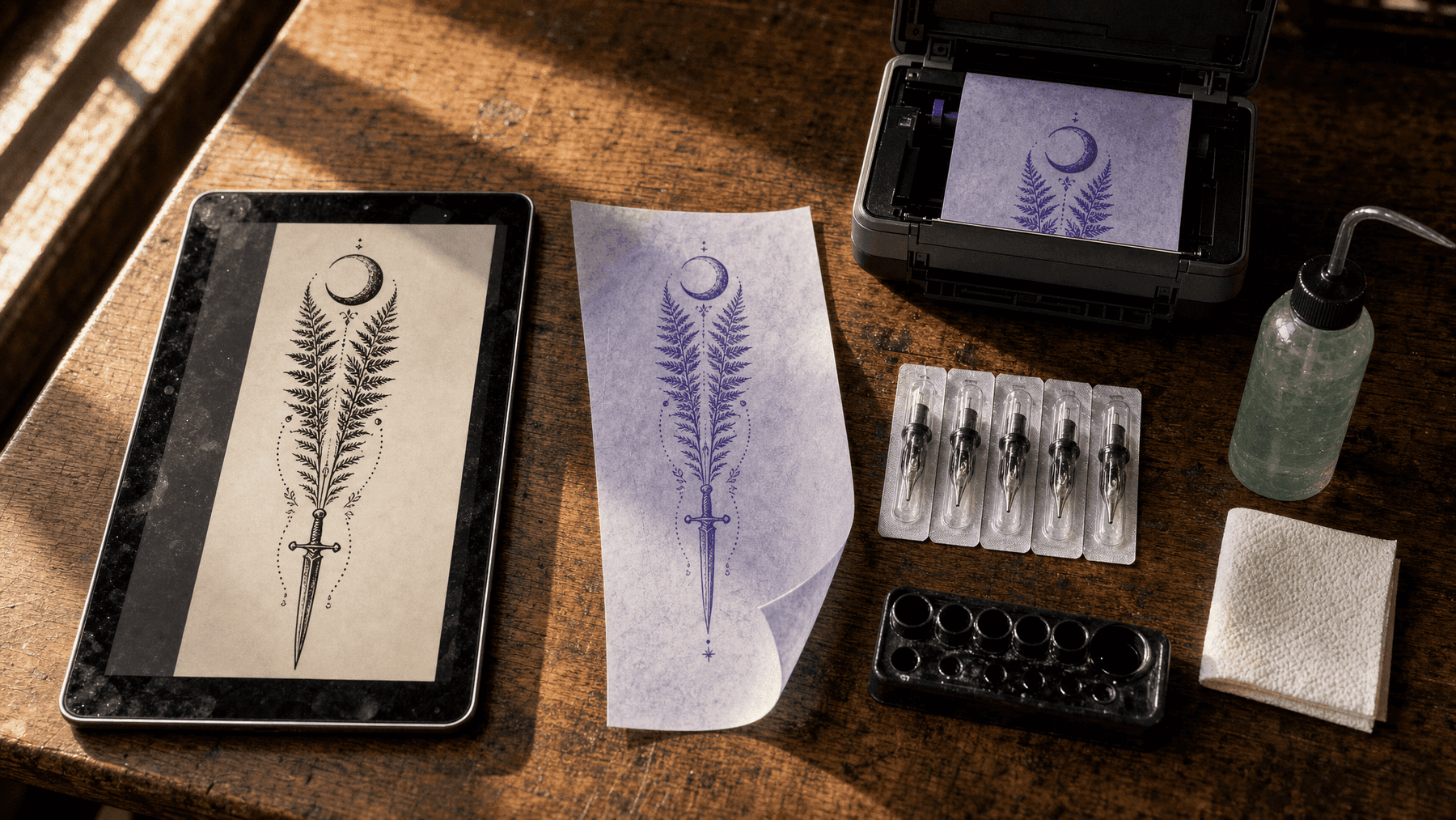 A tattoo studio bench: a vertical ornamental spine design on a tablet, a freshly printed purple thermal stencil beside it, transfer unit and sterilised tools, hard window light across the wood