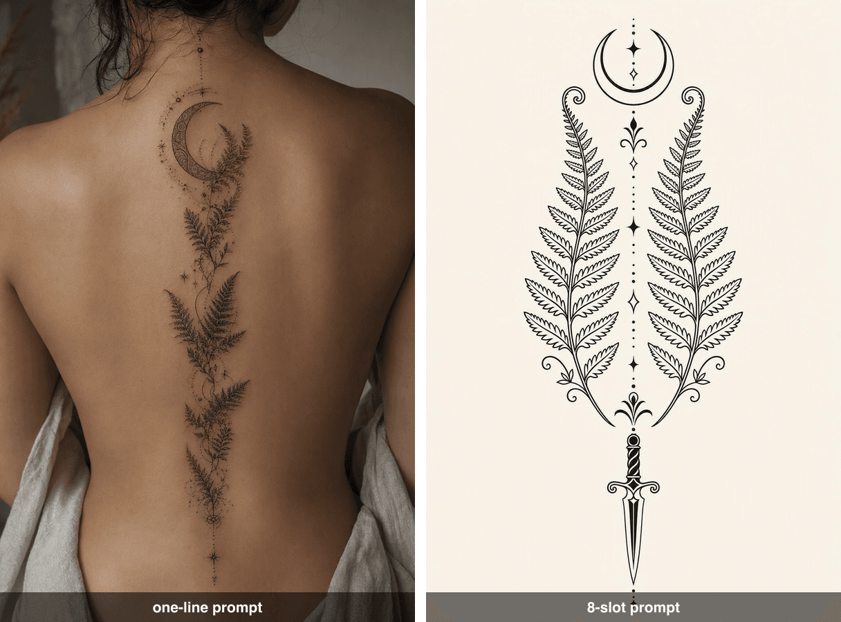 Side by side: left, the output of a one-line prompt, a photograph of a tattooed back with soft grey gradients, hair-thin detail and no symmetry; right, the output of the 8-slot prompt, a clean vertical flash sheet with pure black lines, even dotwork and strict mirror symmetry
