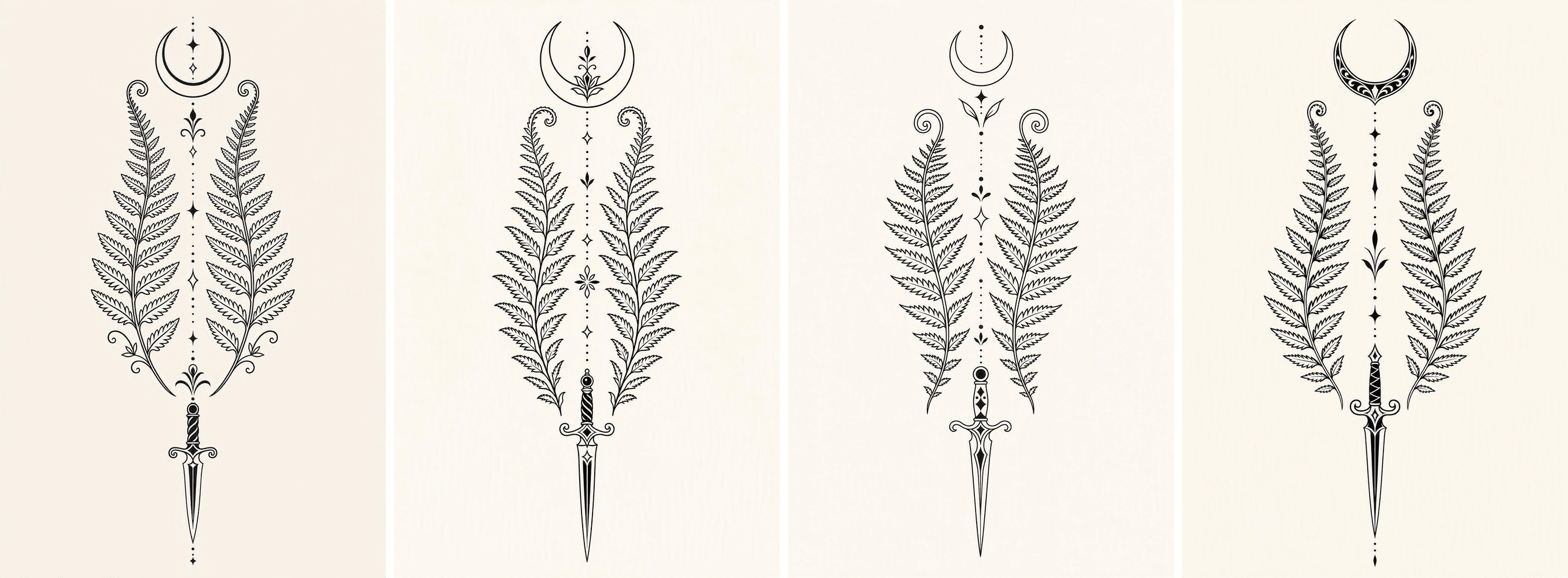Four-panel scouting sheet: the same crescent moon, mirrored ferns, dotwork and dagger arranged four different ways as vertical flash sheets