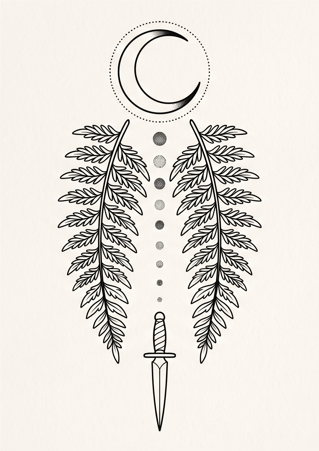 The finished 2K vertical flash sheet: crescent moon with dotwork halo at the top, two mirrored fern fronds down a central axis, seven tapering dotwork pairs, slim dagger at the base, all in flat black on off-white paper