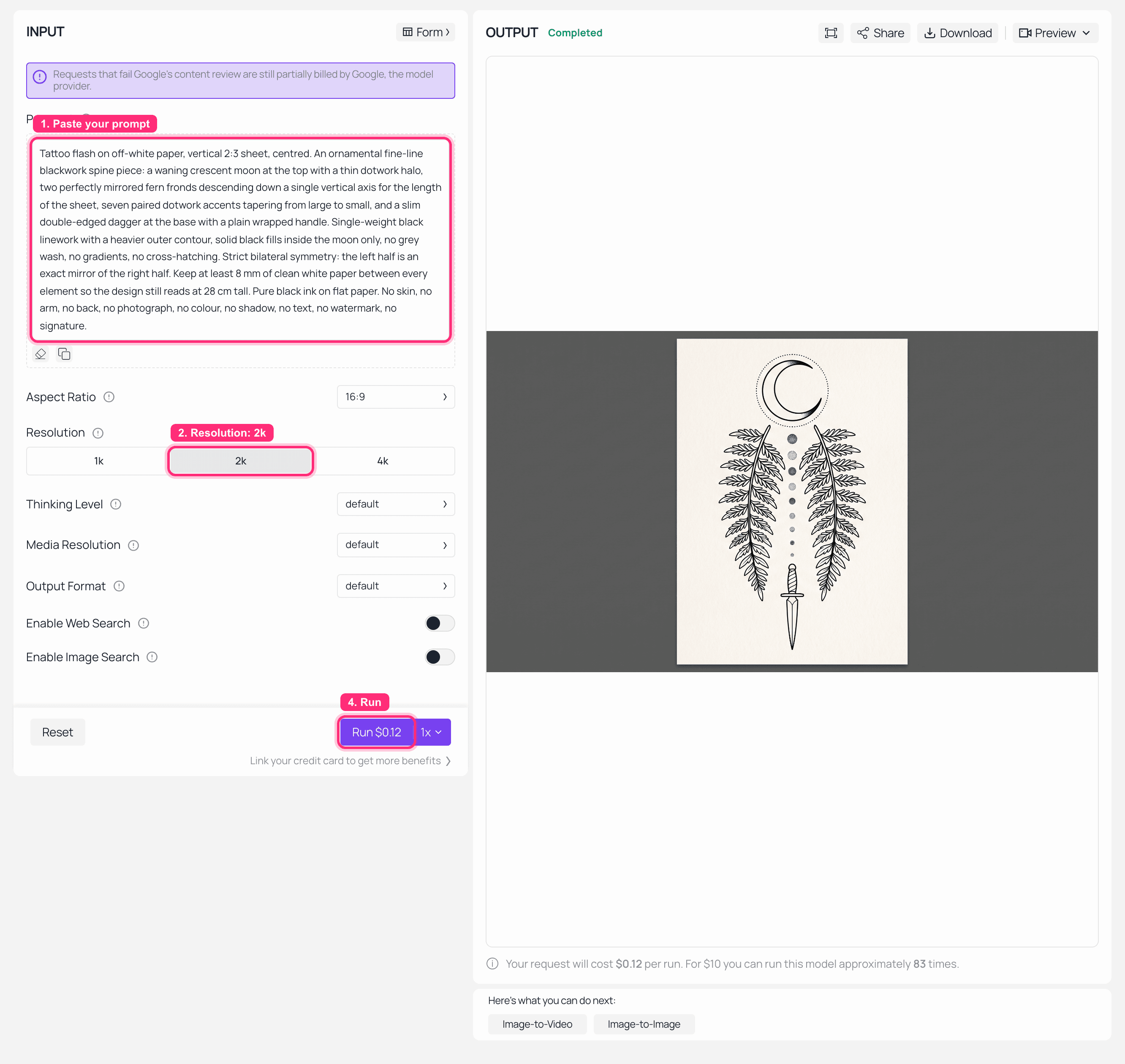 Nano Banana 2 text-to-image playground on Atlas Cloud with the flash prompt loaded, resolution set to 2K, the Run button quoting $0.12, and the finished vertical flash sheet in the output panel