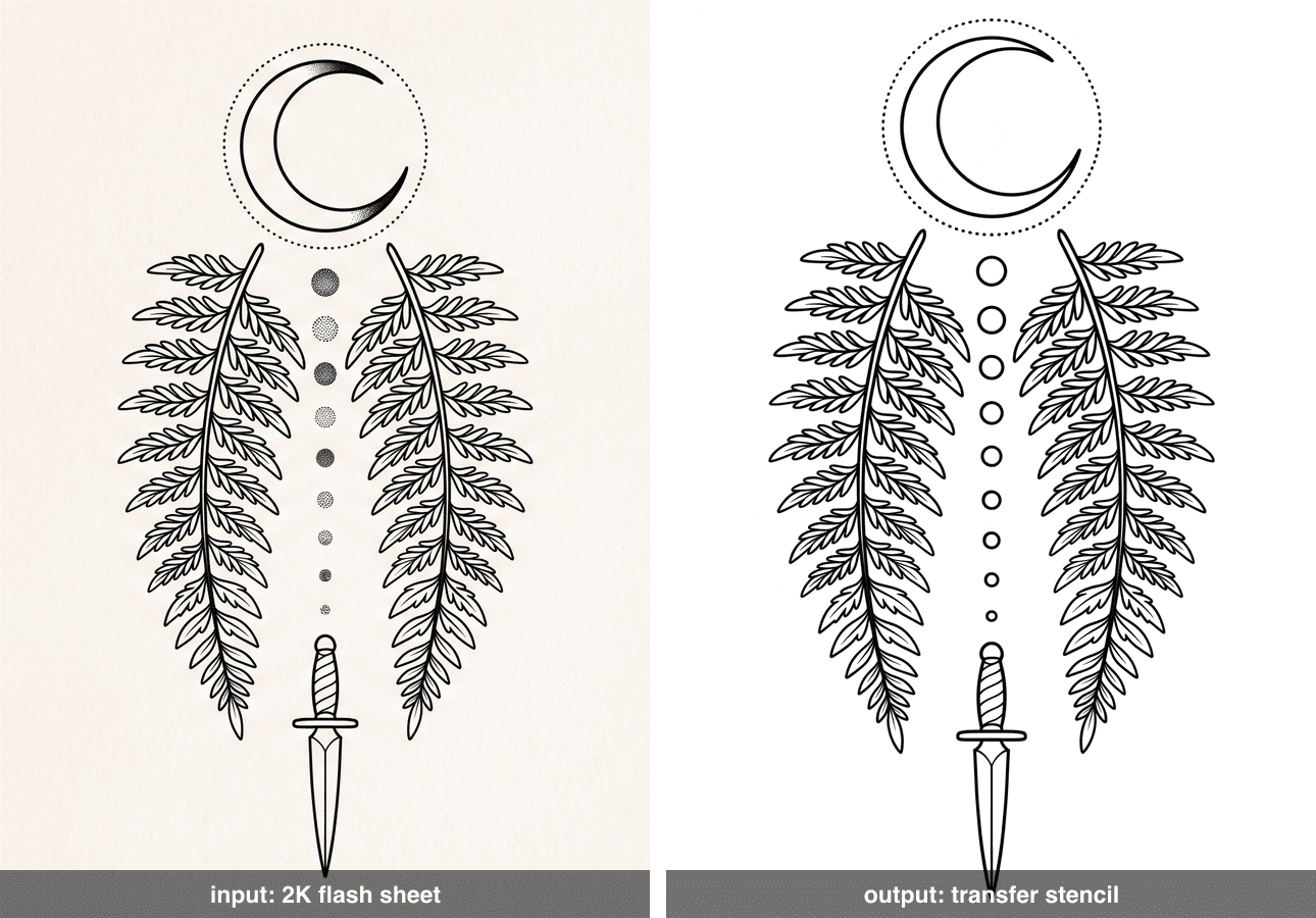 Left, the greyscale flash sheet going in; right, the stencil coming out, every line a closed even-weight pure black contour on pure white, composition unchanged