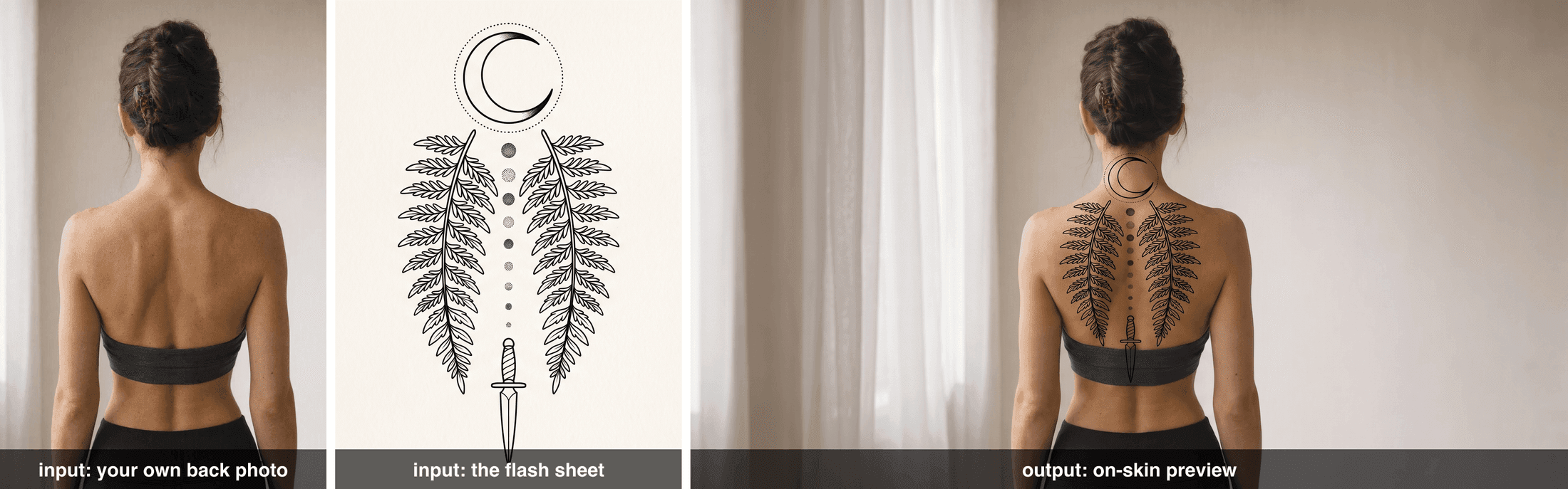 Left, two input thumbnails: a bare upper back photo and the flat flash sheet; right, the result with the design sitting along the spine, following the curve of the back and the shoulder blades under the photo's own lighting
