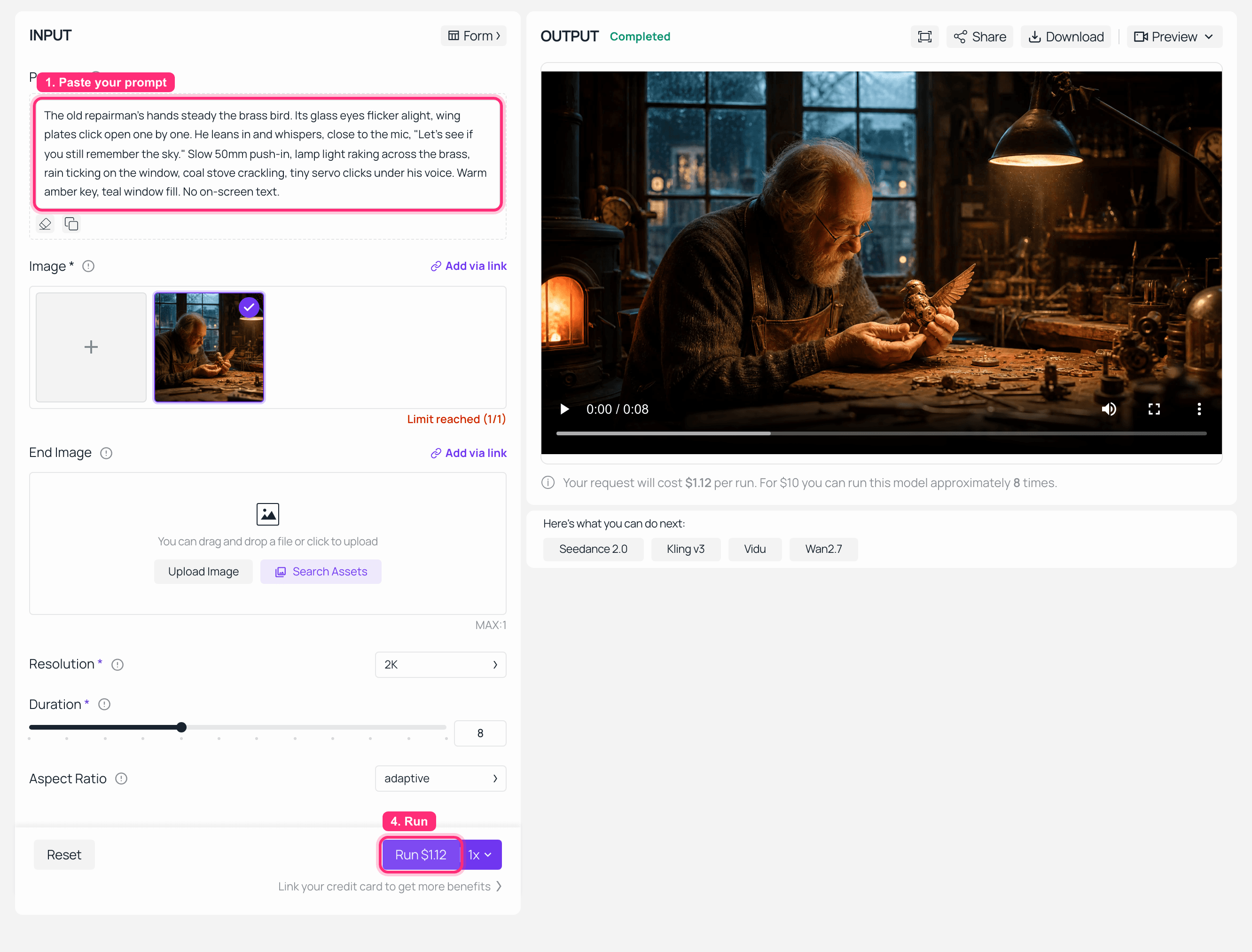 Screenshot of an AI video generator interface with input and output