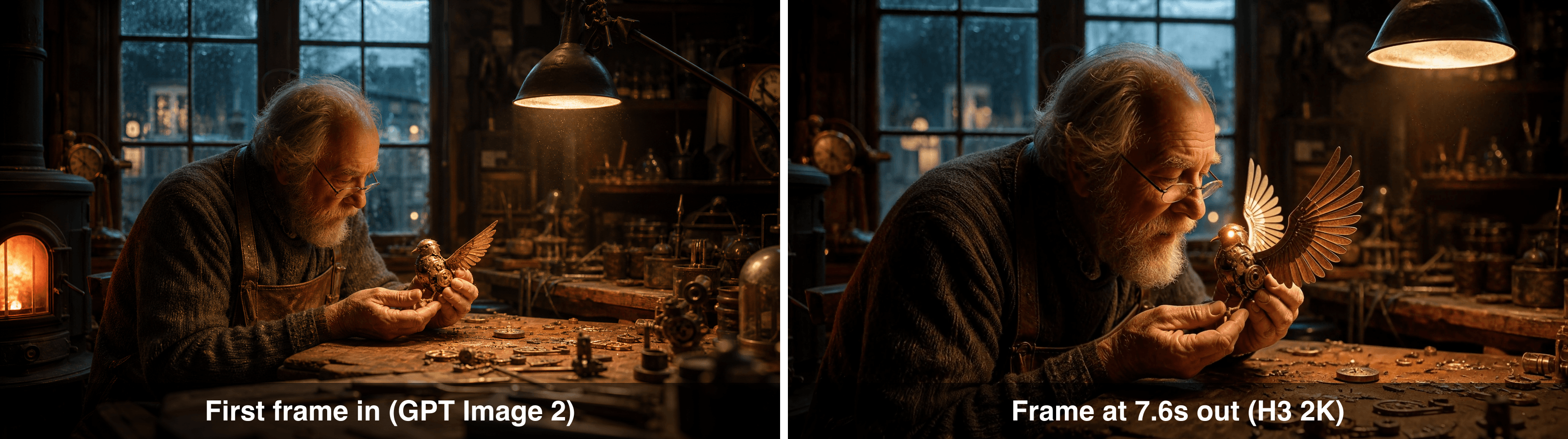 Side by side comparison of a craftsman examining a mechanical bird