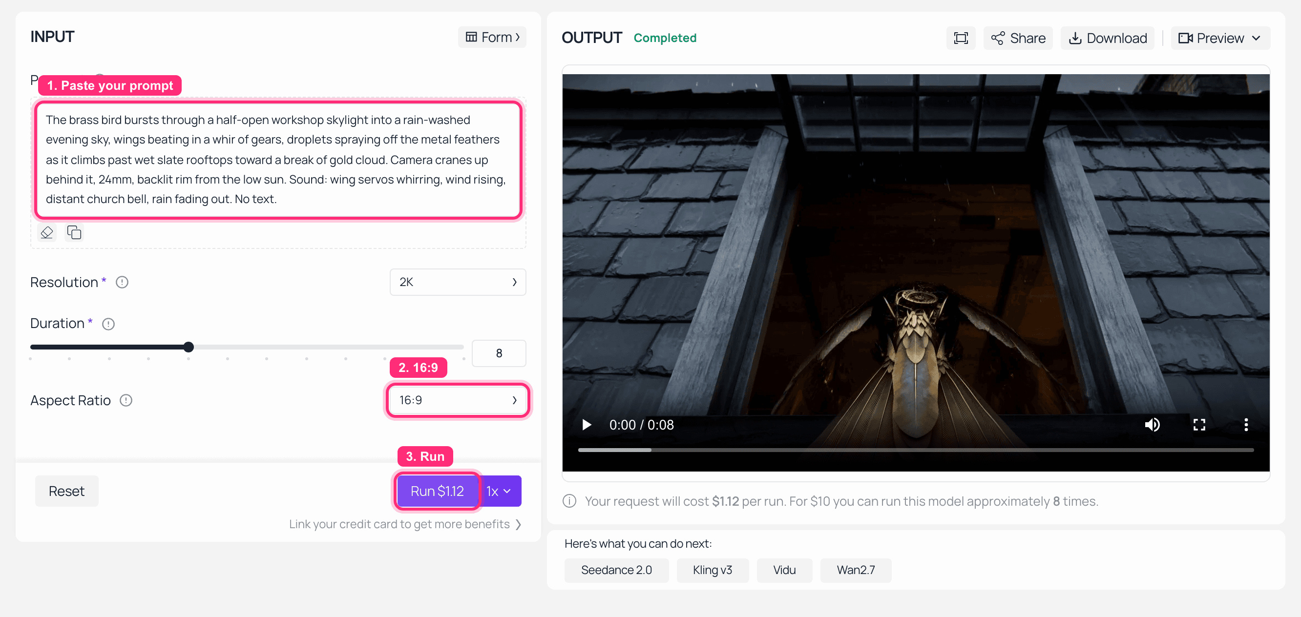 Screenshot of an AI video generator interface showing input and output