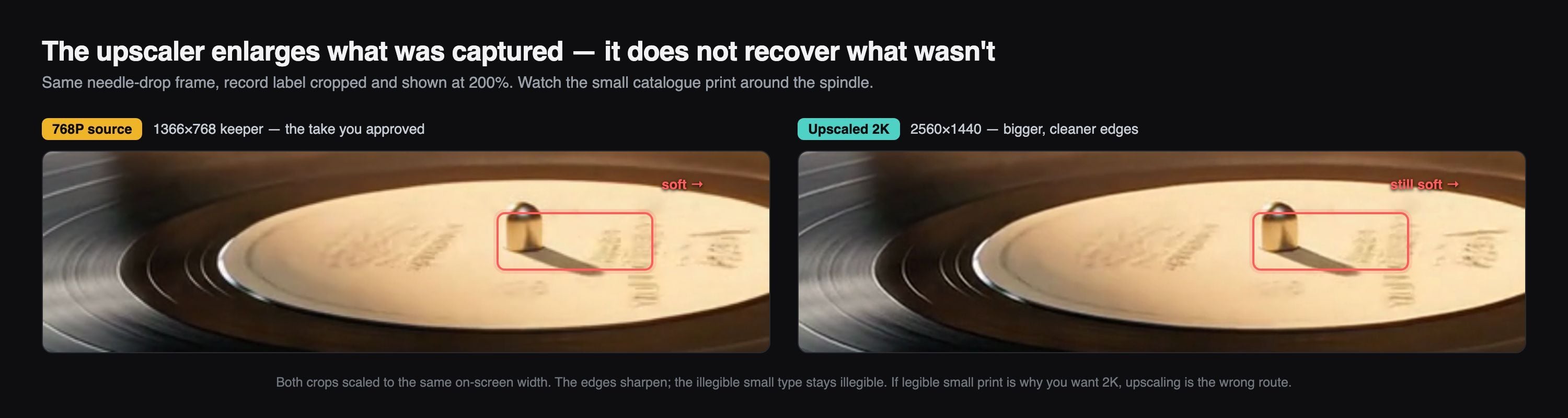 Comparison of original and upscaled record labels showing text remains blurry