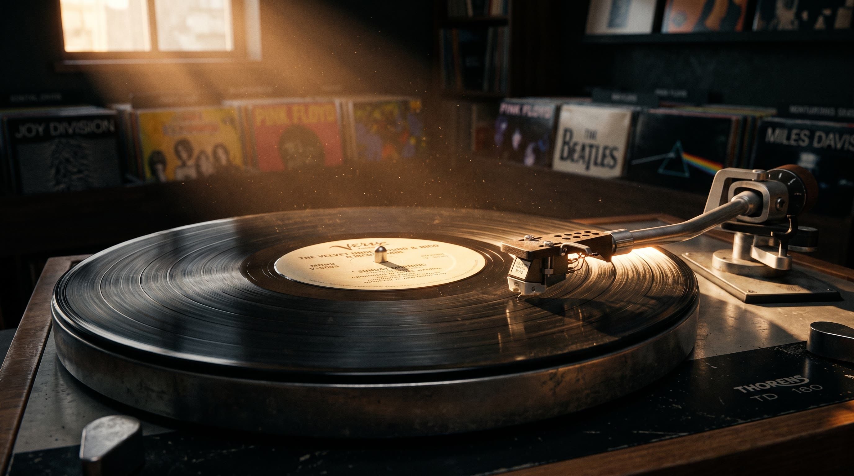A vinyl record playing on a turntable in a dusty sunbeam