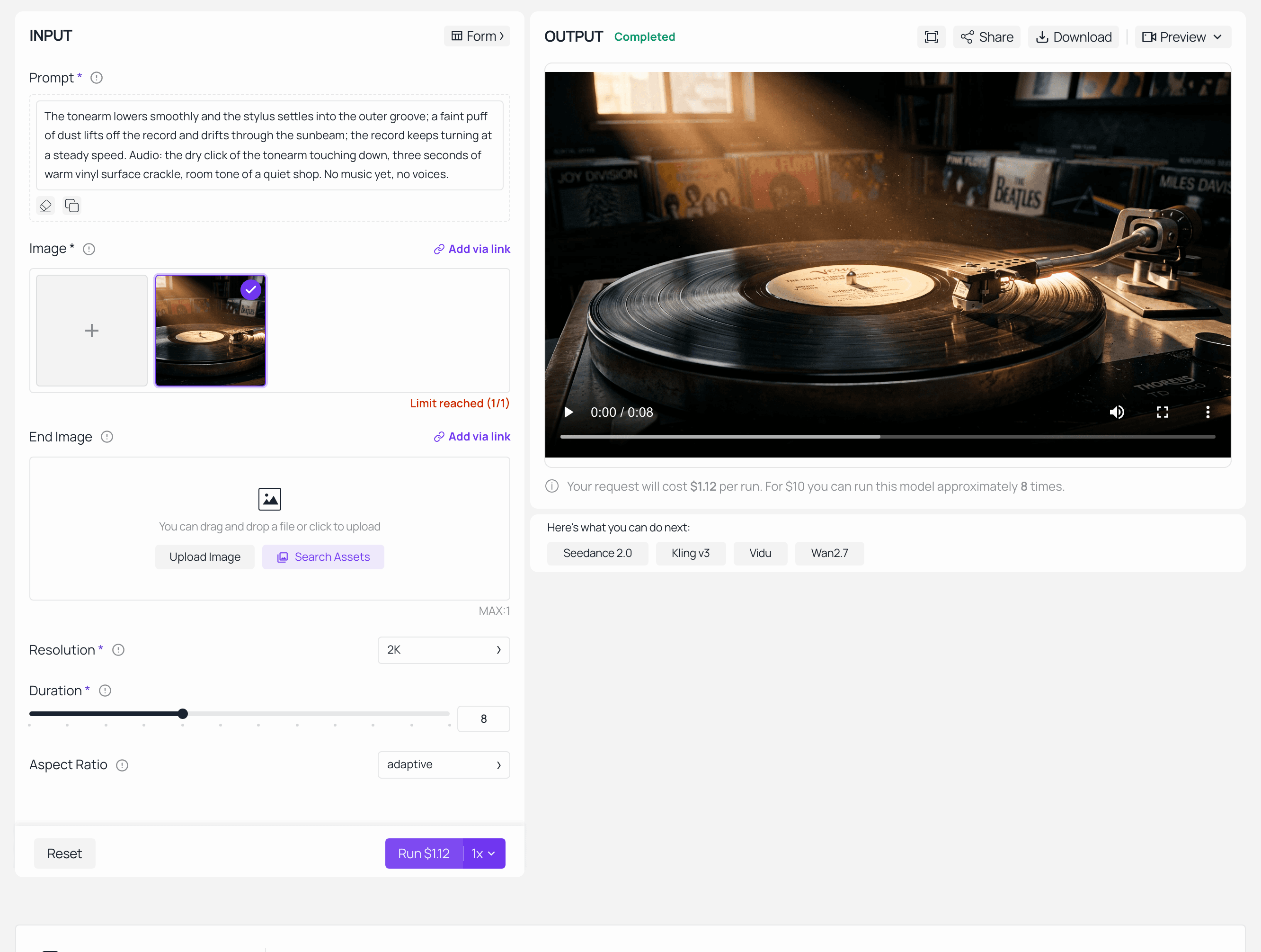 Web interface of an AI video generator showing a vinyl record video