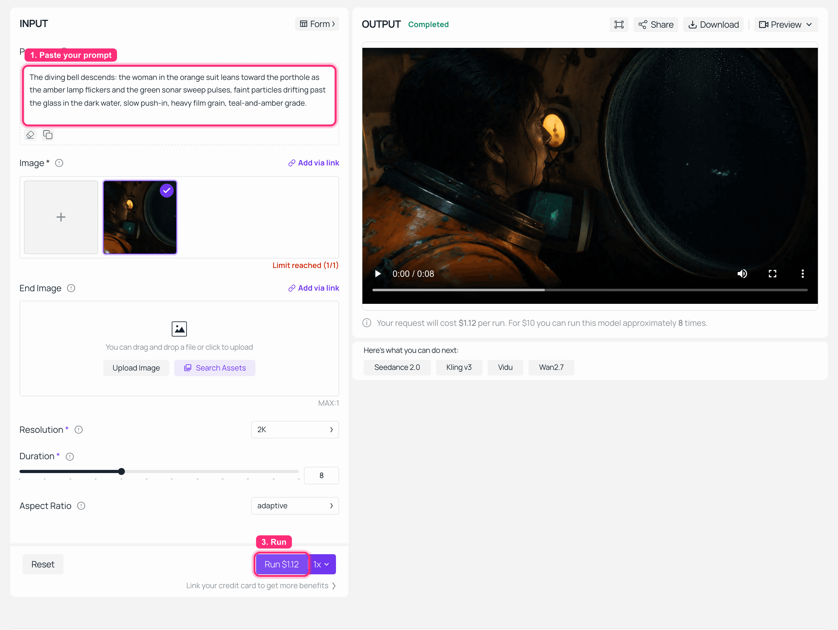 AI video generator interface showing text prompt input and video output