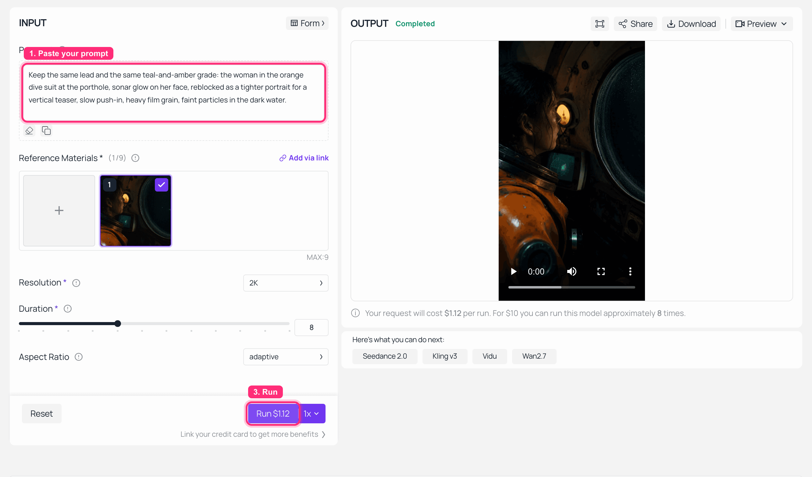 AI video generator interface showing text prompt and video output